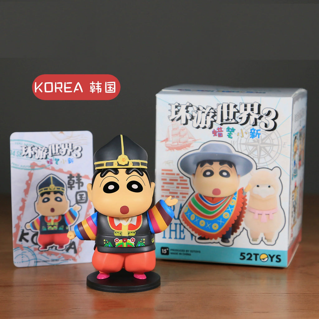 New 52toys  Blind Box Crayon Shin Chan Travel Around The World 3 Anime Collectible Figure Desktop Ornament Gift