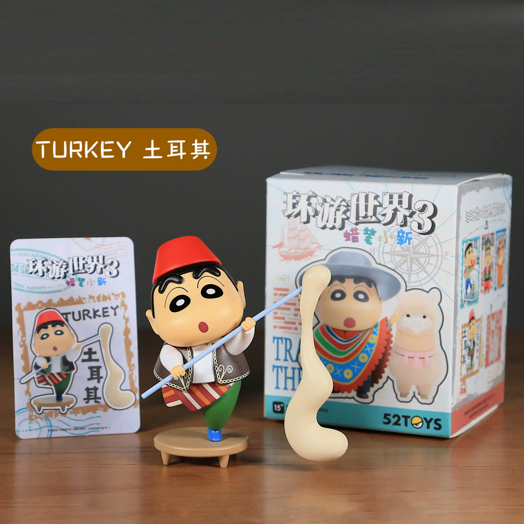 New 52toys  Blind Box Crayon Shin Chan Travel Around The World 3 Anime Collectible Figure Desktop Ornament Gift