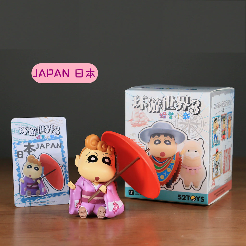New 52toys  Blind Box Crayon Shin Chan Travel Around The World 3 Anime Collectible Figure Desktop Ornament Gift