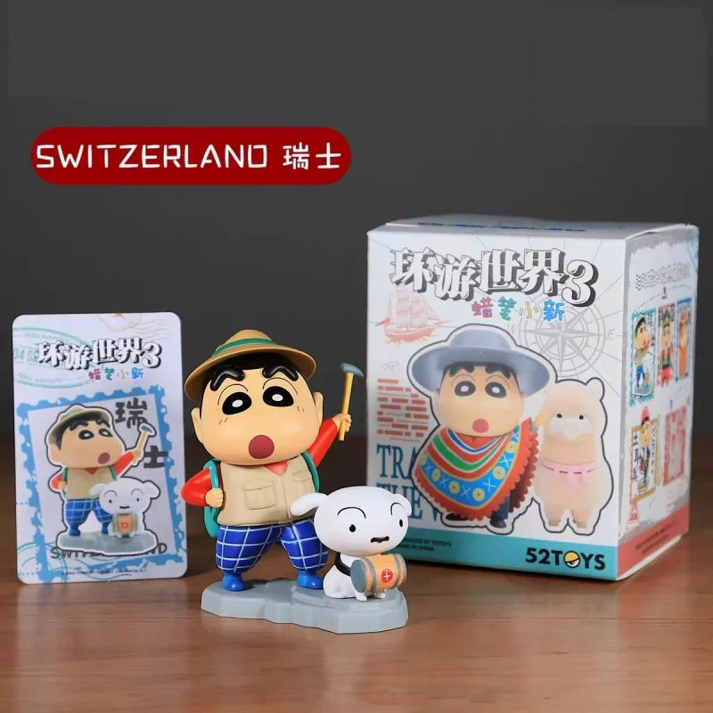 New 52toys  Blind Box Crayon Shin Chan Travel Around The World 3 Anime Collectible Figure Desktop Ornament Gift