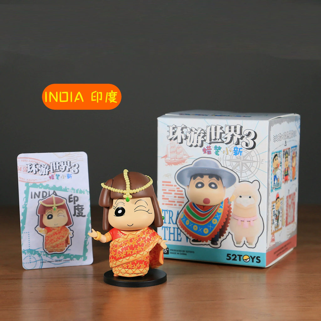 New 52toys  Blind Box Crayon Shin Chan Travel Around The World 3 Anime Collectible Figure Desktop Ornament Gift