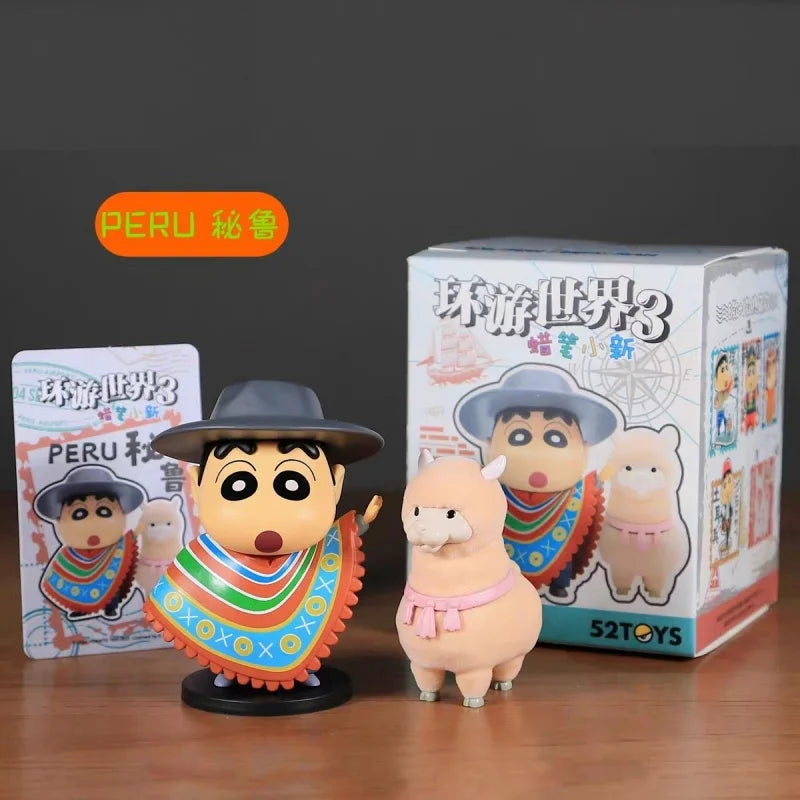New 52toys  Blind Box Crayon Shin Chan Travel Around The World 3 Anime Collectible Figure Desktop Ornament Gift