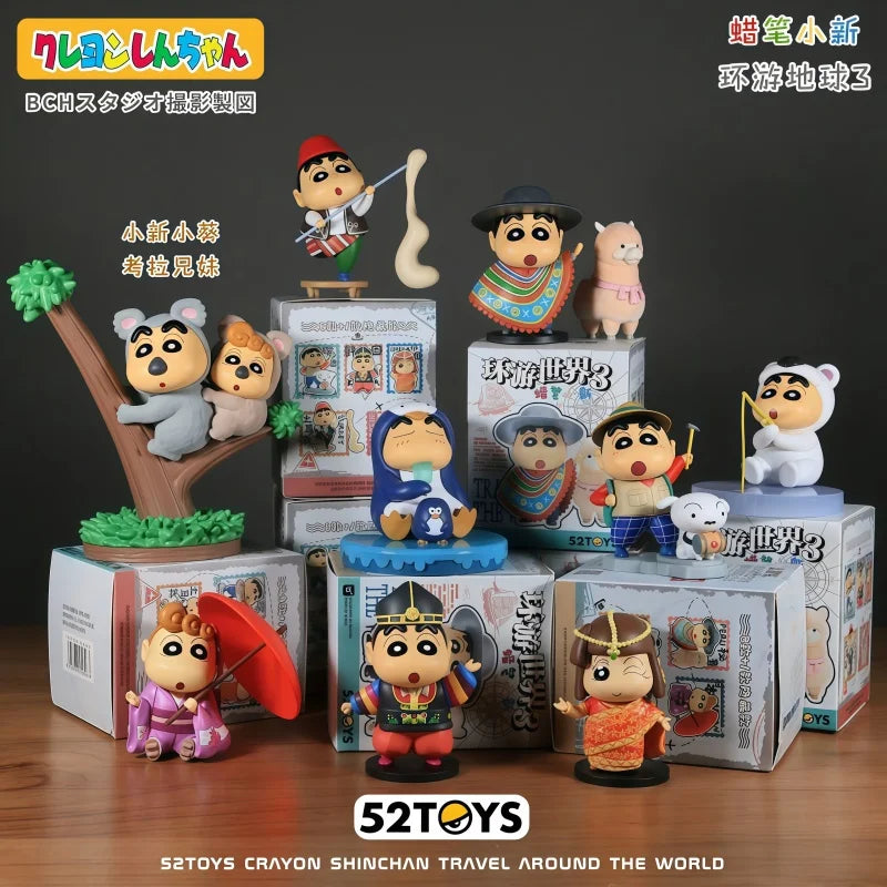 New 52toys  Blind Box Crayon Shin Chan Travel Around The World 3 Anime Collectible Figure Desktop Ornament Gift