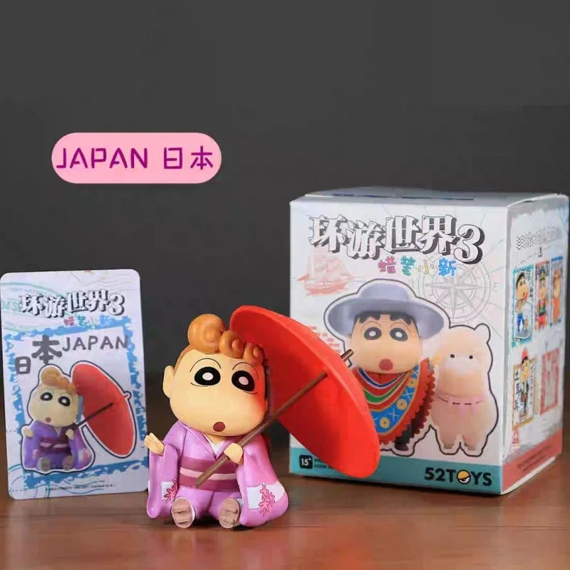 New 52toys  Blind Box Crayon Shin Chan Travel Around The World 3 Anime Collectible Figure Desktop Ornament Gift